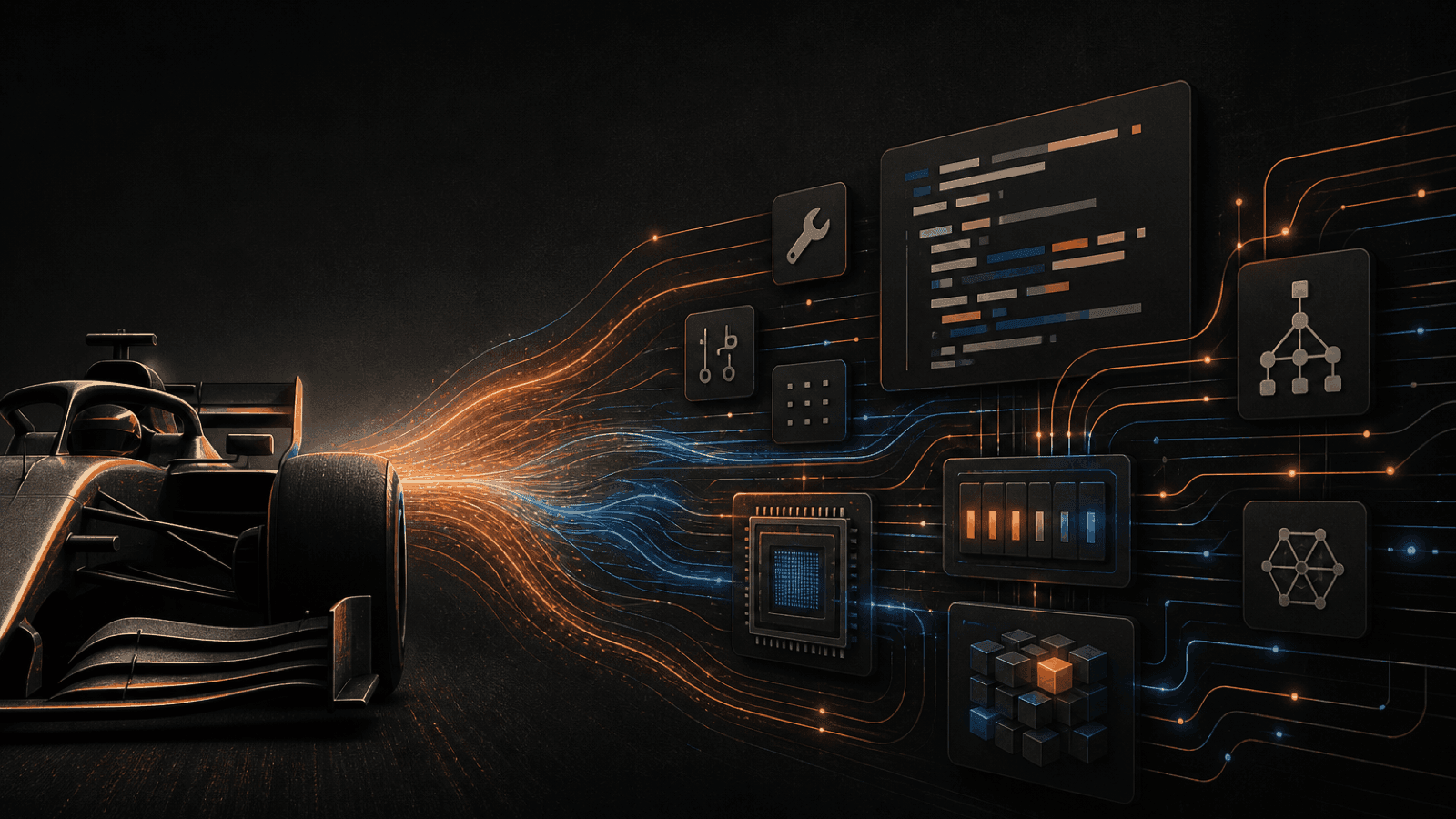 An F1-inspired race car merging with an AI coding terminal, symbolizing the importance of the harness.